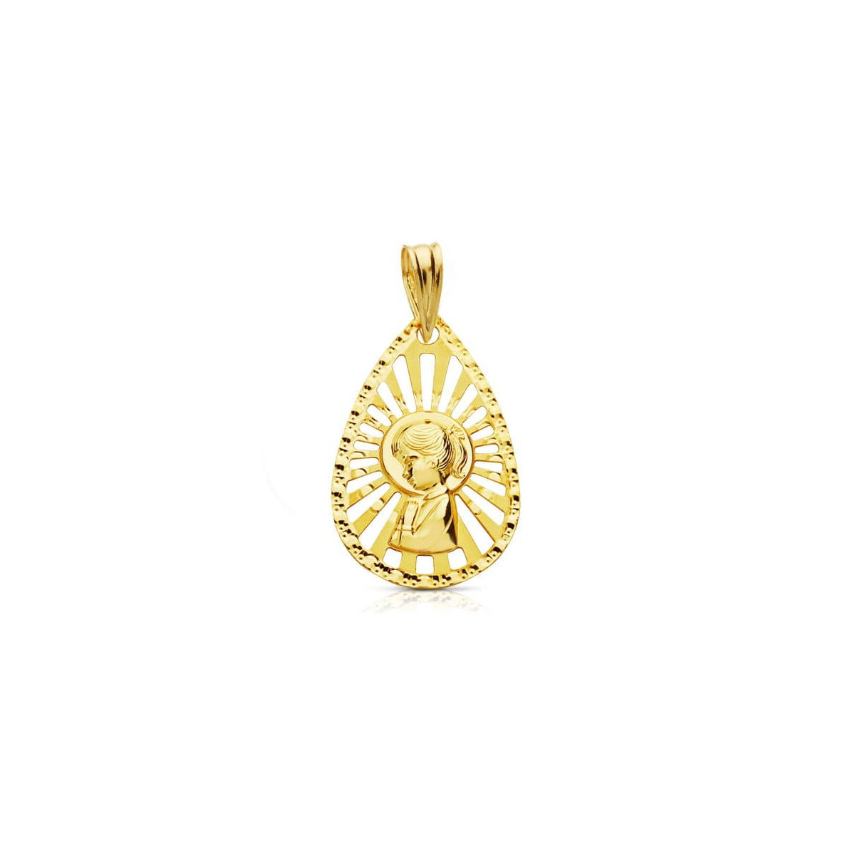 18K MEDALLA ORO AMARILLO VIRGEN NIÑA CERCO CALADO 22X19 MM