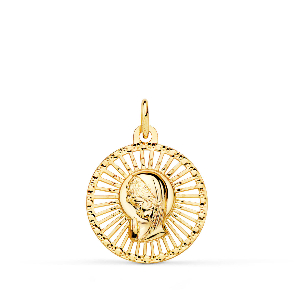18K MEDALLA ORO AMARILLO VIRGEN NIÑA CERCO CALADO 20X18 MM