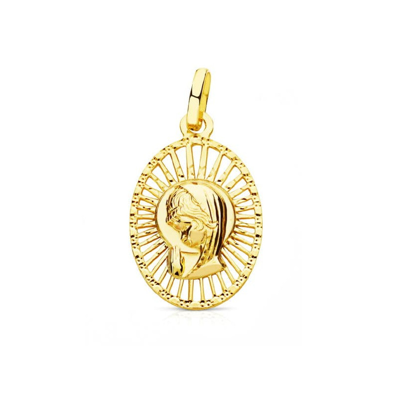 18K MEDALLA ORO AMARILLO VIRGEN NIÑA CERCO CALADO 22X14 MM