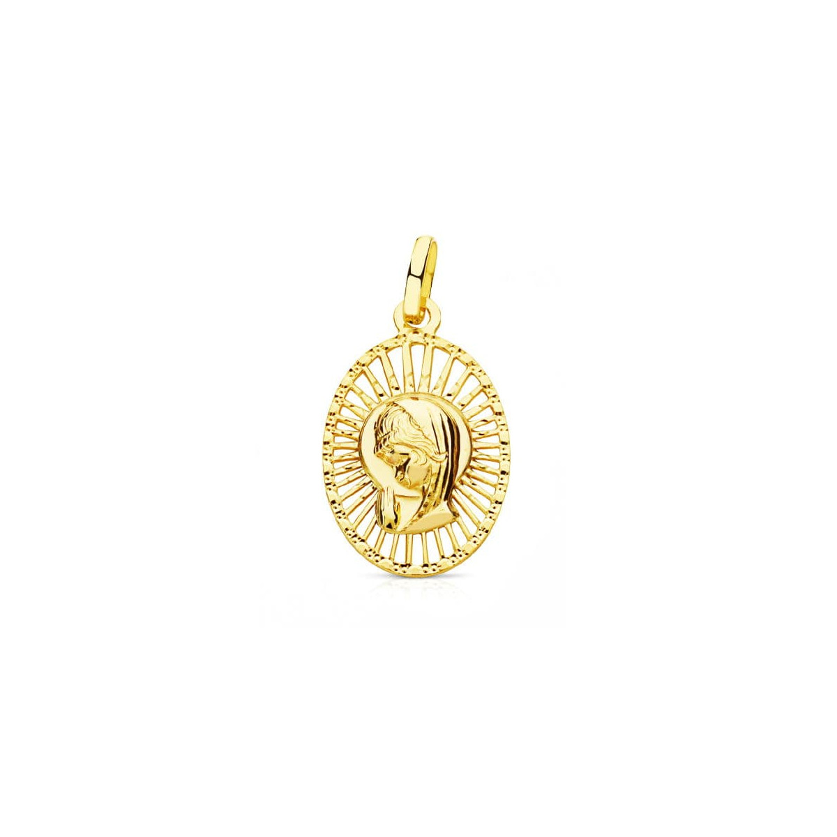 18K MEDALLA ORO AMARILLO VIRGEN NIÑA CERCO CALADO 22X14 MM