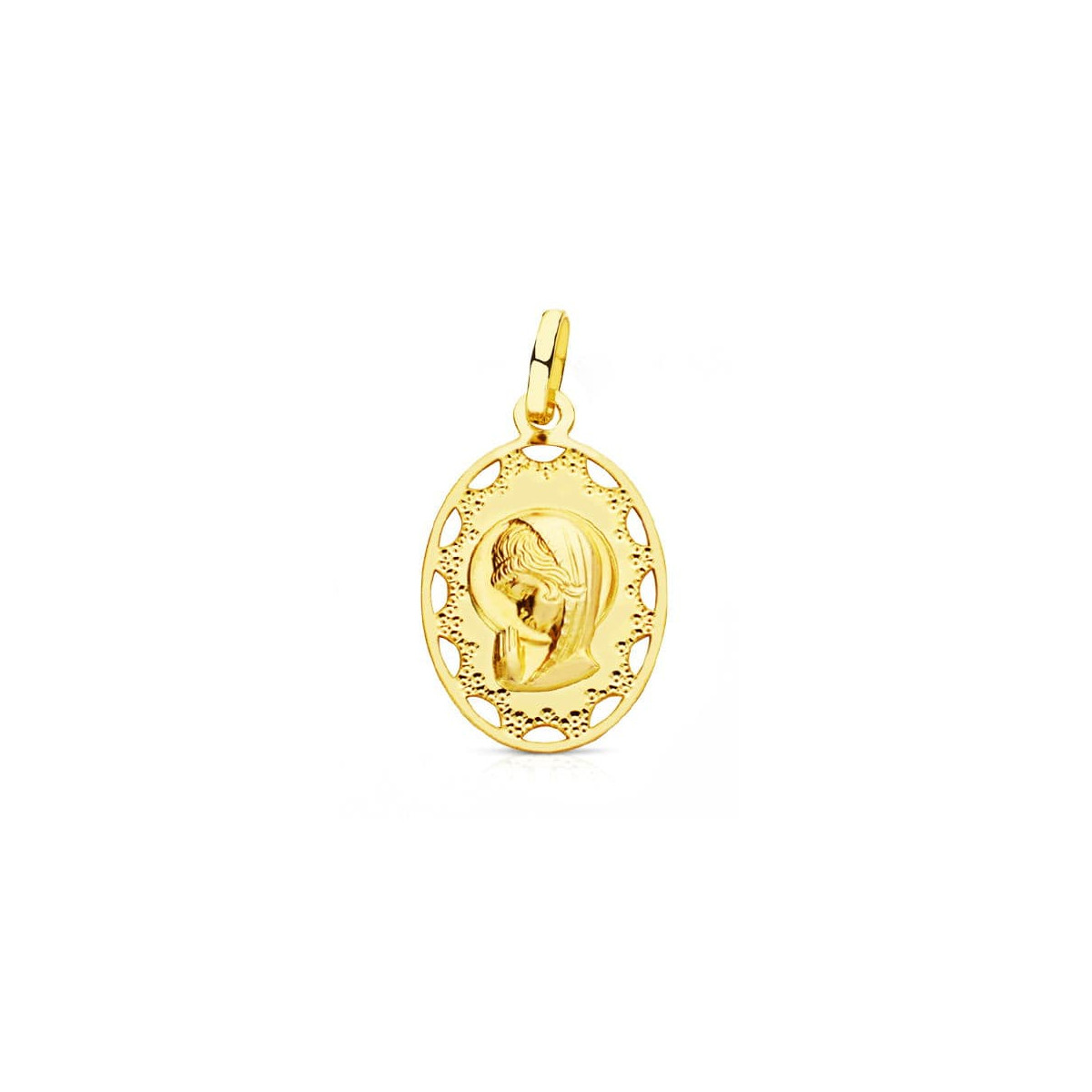 18K MEDALLA ORO AMARILLO VIRGEN NIÑA OVAL CERCO CALADO 23X14 MM