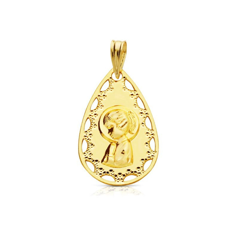 18K MEDALLA ORO AMARILLO VIRGEN NIÑA CALADA 22X14 MM