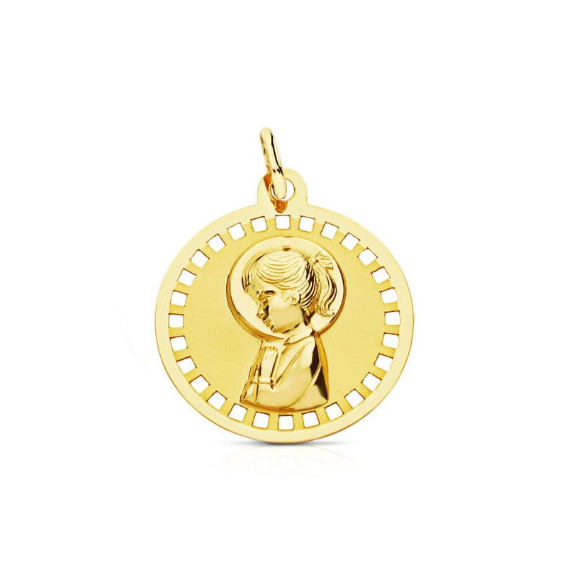 18K MEDALLA ORO AMARILLO VIRGEN NIÑA REDONDA CALADA 18 MM