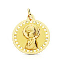 18K MEDALLA ORO AMARILLO VIRGEN NIÑA REDONDA CALADA 18 MM