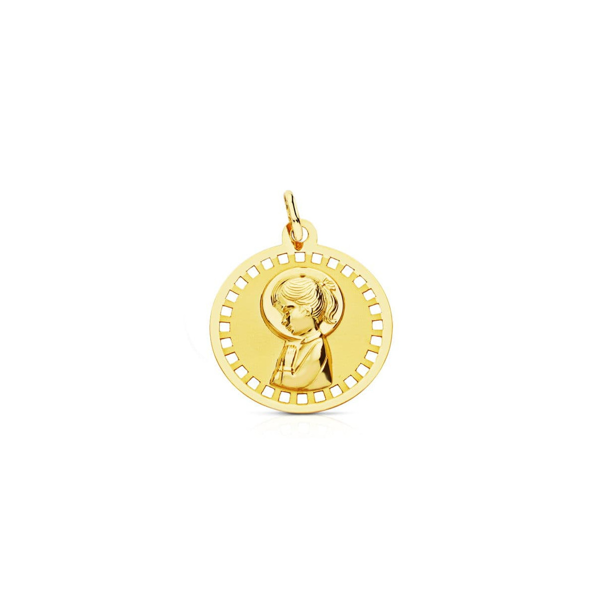 18K MEDALLA ORO AMARILLO VIRGEN NIÑA REDONDA CALADA 18 MM