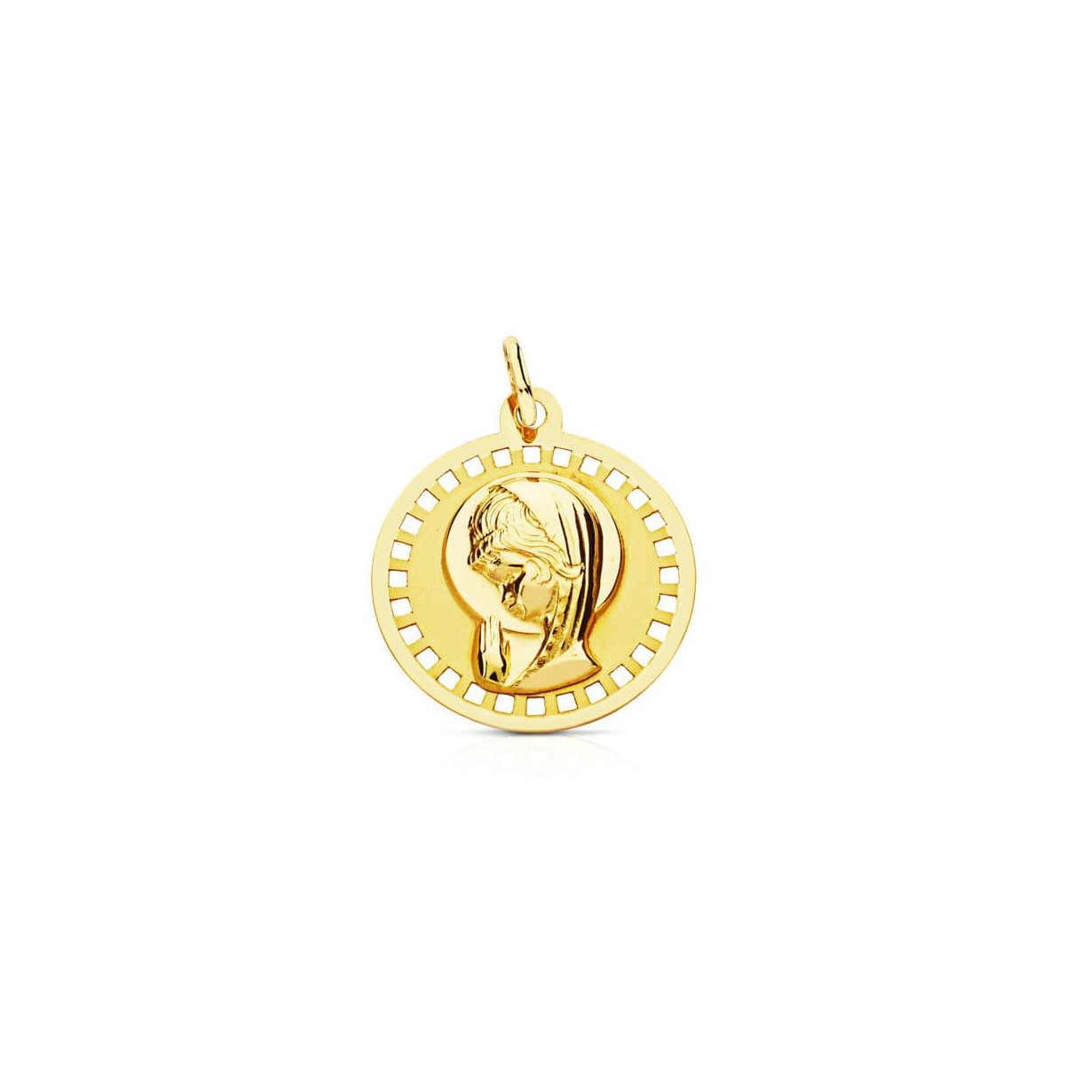 18K MEDALLA ORO AMARILLO VIRGEN NIÑA REDONDA CALADA 18 MM