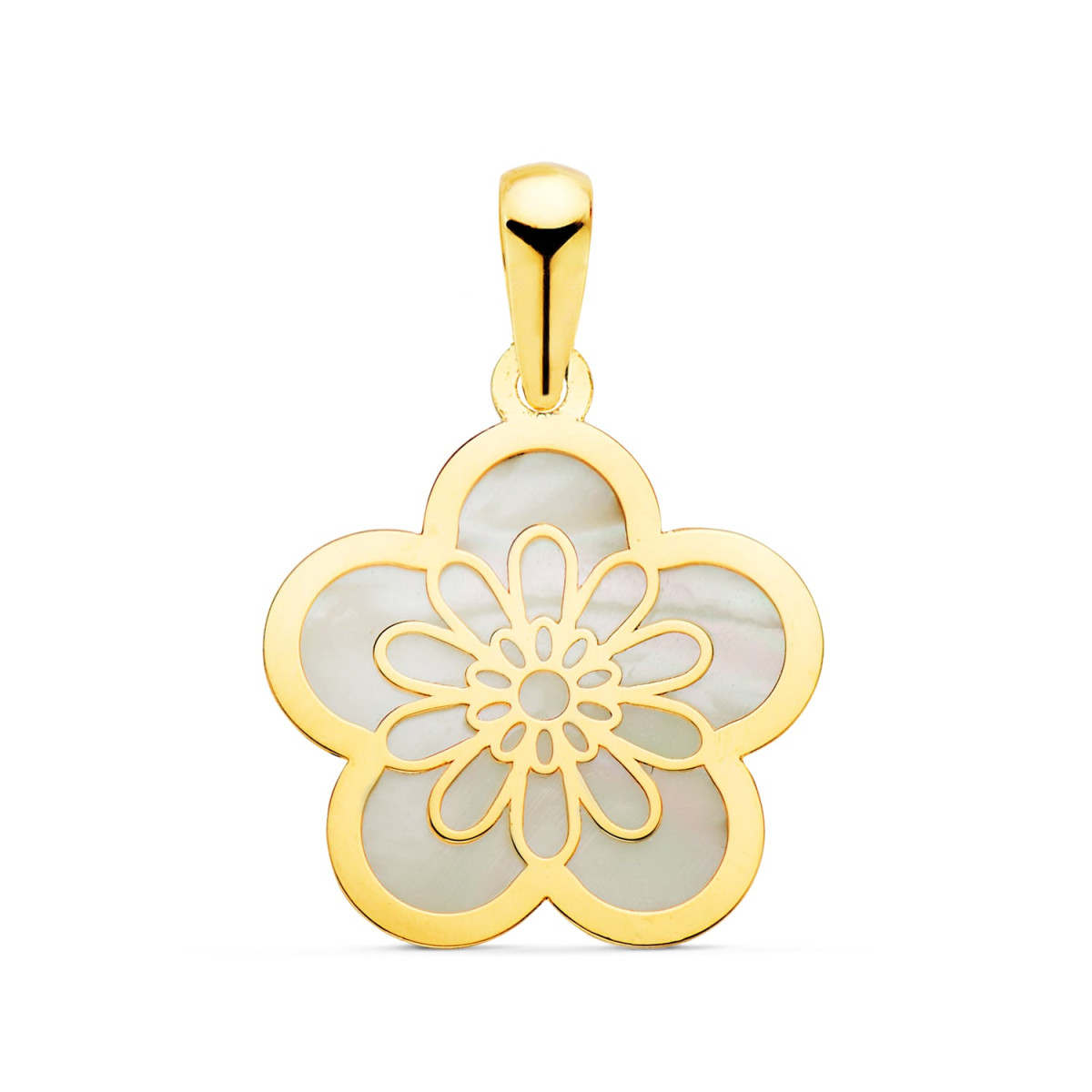 18K COLGANTE AMULETO ORO AMARILLO FLOR CON NACAR 17 X 17 MM
