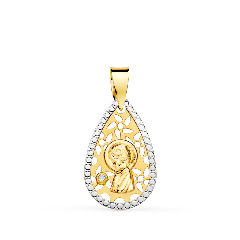 18K MEDALLA ORO AMARILLO ORO BICOLOR VIRGEN NIÑA CALADA BORDES TALLADOS 19X12 MM