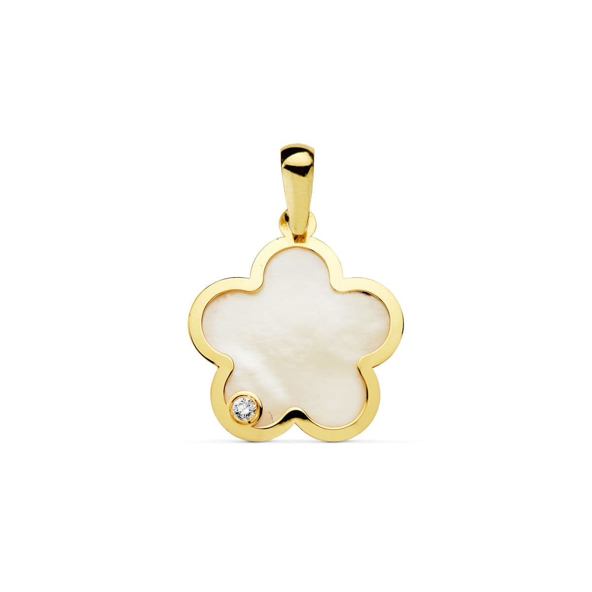 18K COLGANTE AMULETO ORO AMARILLO FLOR NACAR CIRCONITA 17X17 MM