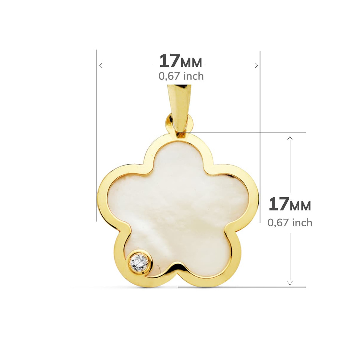 18K COLGANTE AMULETO ORO AMARILLO FLOR NACAR CIRCONITA 17X17 MM