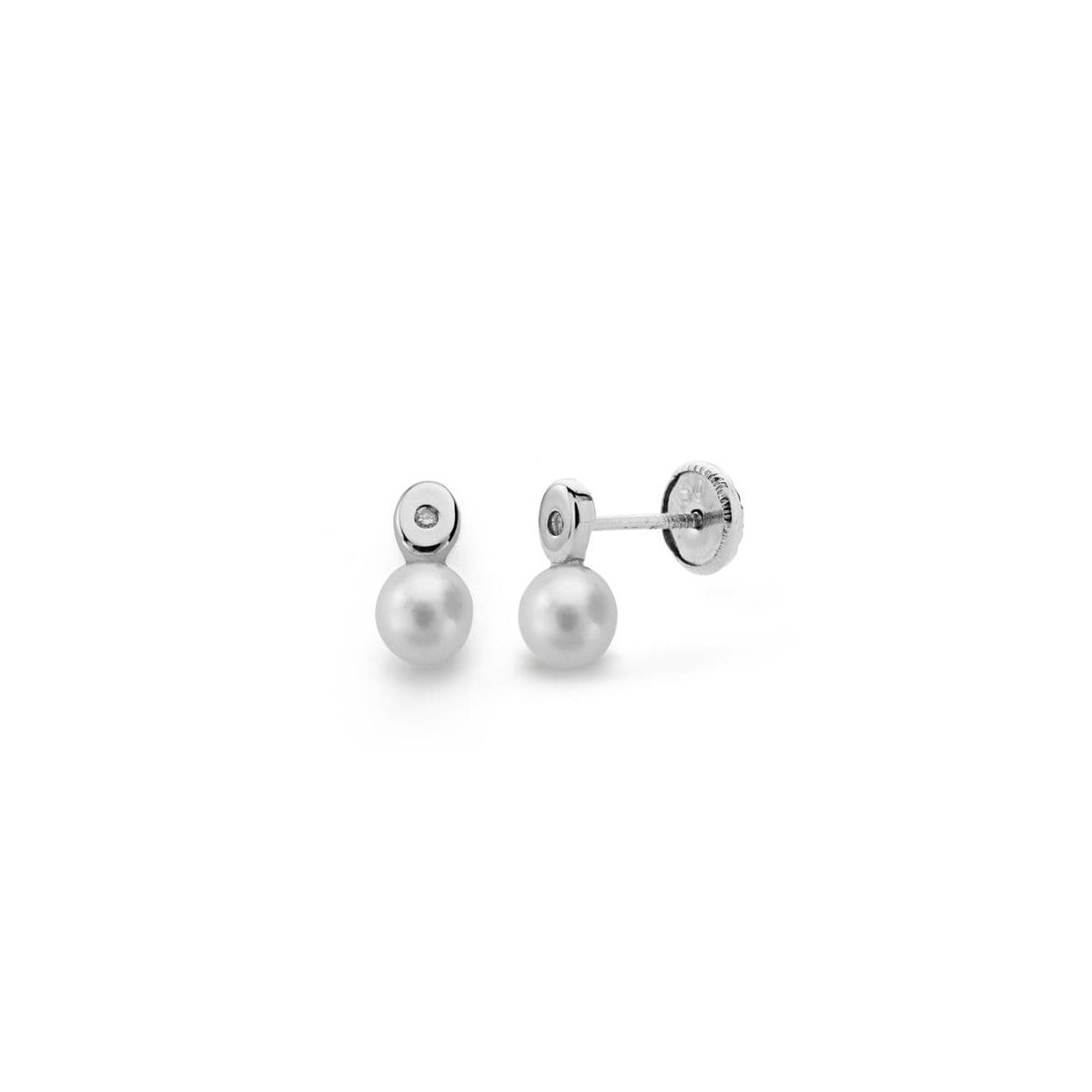 18K PENDIENTES ORO BLANCO PERLA 3 MM DIAMANTES NATURALES SI-H TALLA BRILLANTE 0,012 QTS. CIERRE TUERCA
