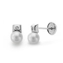 18K PENDIENTES ORO BLANCO PERLA 3 MM DIAMANTES NATURALES SI-H TALLA BRILLANTE 0,012 QTS. CIERRE TUERCA