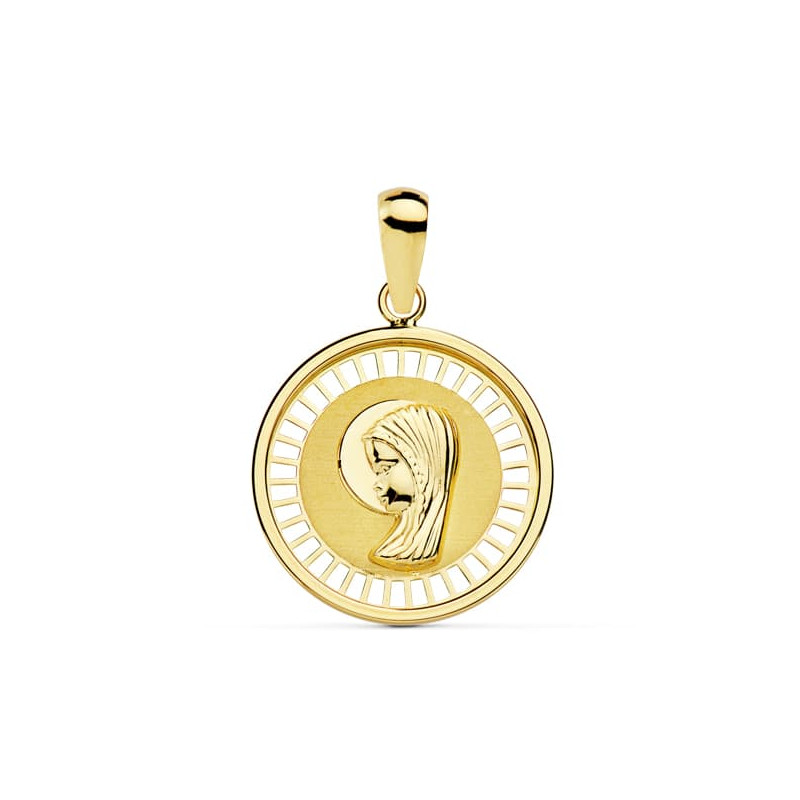 18K MEDALLA ORO AMARILLO VIRGEN NIÑA CERCO CALADO 18 MM