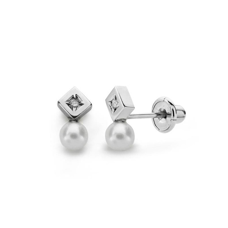 18K PENDIENTES ORO BLANCO PERLA 3 MM DIAMANTES NATURALES SI-H TALLA BRILLANTE 0,012 QTS. CIERRE TUERCA