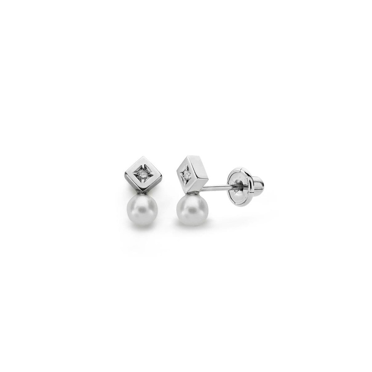 18K PENDIENTES ORO BLANCO PERLA 3 MM DIAMANTES NATURALES SI-H TALLA BRILLANTE 0,012 QTS. CIERRE TUERCA