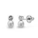 18K PENDIENTES ORO BLANCO PERLA 3 MM DIAMANTES NATURALES SI-H TALLA BRILLANTE 0,012 QTS. CIERRE TUERCA