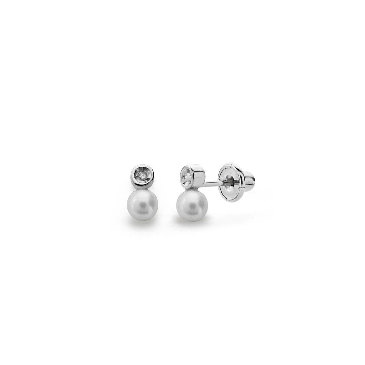 18K PENDIENTES ORO BLANCO PERLA 3 MM DIAMANTES NATURALES SI-H TALLA BRILLANTE 0,012 QTS. CIERRE TUERCA