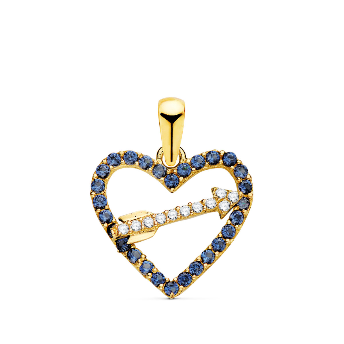 18K COLGANTE ORO AMARILLO CORAZON CON CIRCONITA AZULES Y FLECHA 15 X 14MM C. AMOR