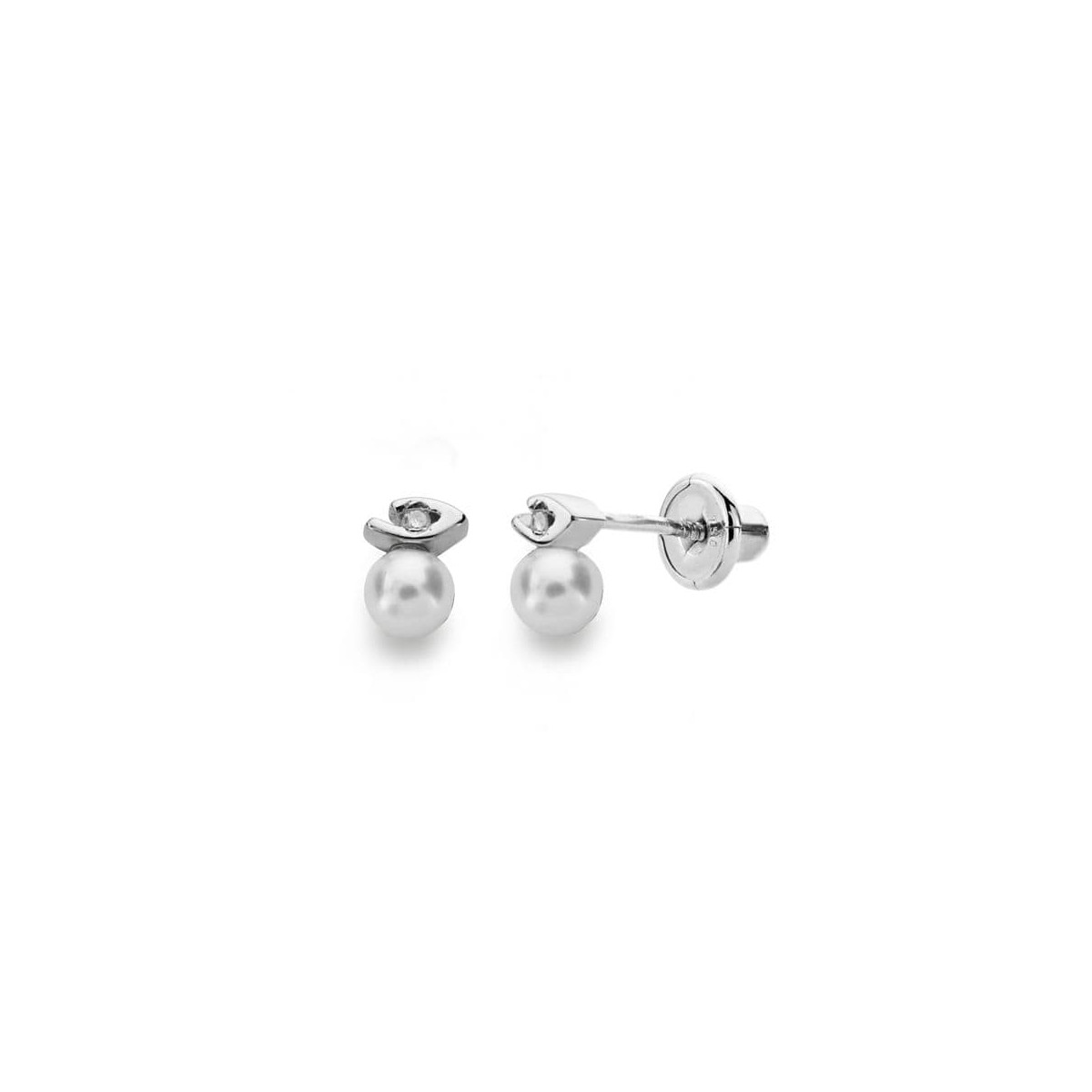 18K PENDIENTES ORO BLANCO PERLA 3 MM DIAMANTES NATURALES SI-H TALLA BRILLANTE 0,012 QTS. CIERRE TUERCA