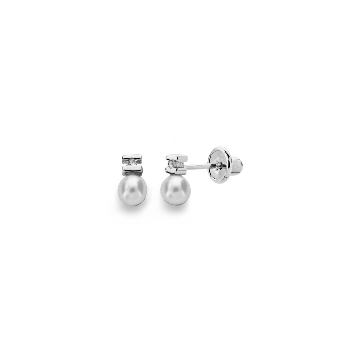 18K PENDIENTES ORO BLANCO PERLA 3 MM DIAMANTES NATURALES SI-H TALLA BRILLANTE 0,012 QTS. CIERRE TUERCA