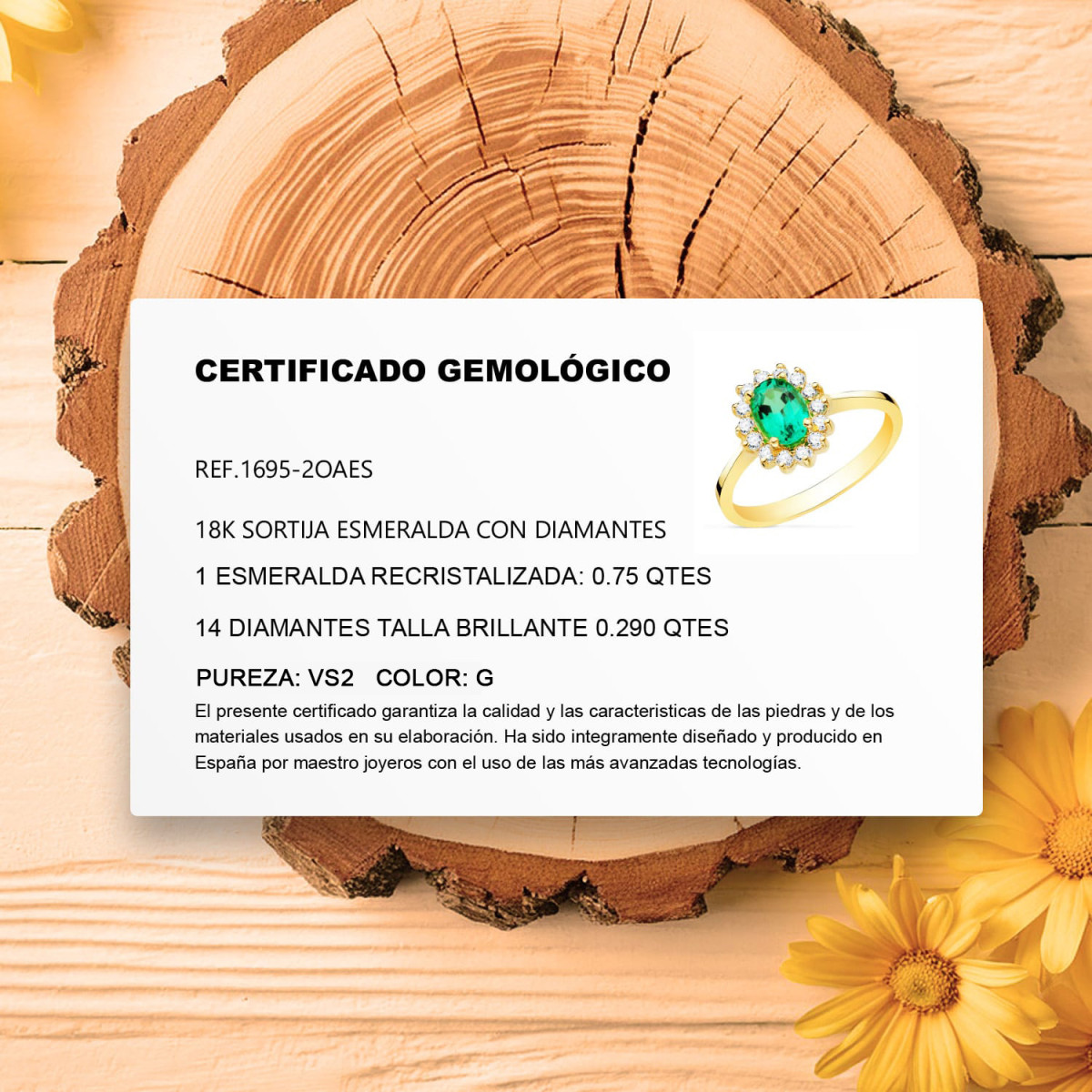 18K SORTIJA ORO AMARILLO DIAMANTES DE LABORATORIO Y ESMERALDA RECRISTALIZADA 7X5 MM 0,75 QTS 0,290 QTS. VS2-G 11,5X9,5 MM