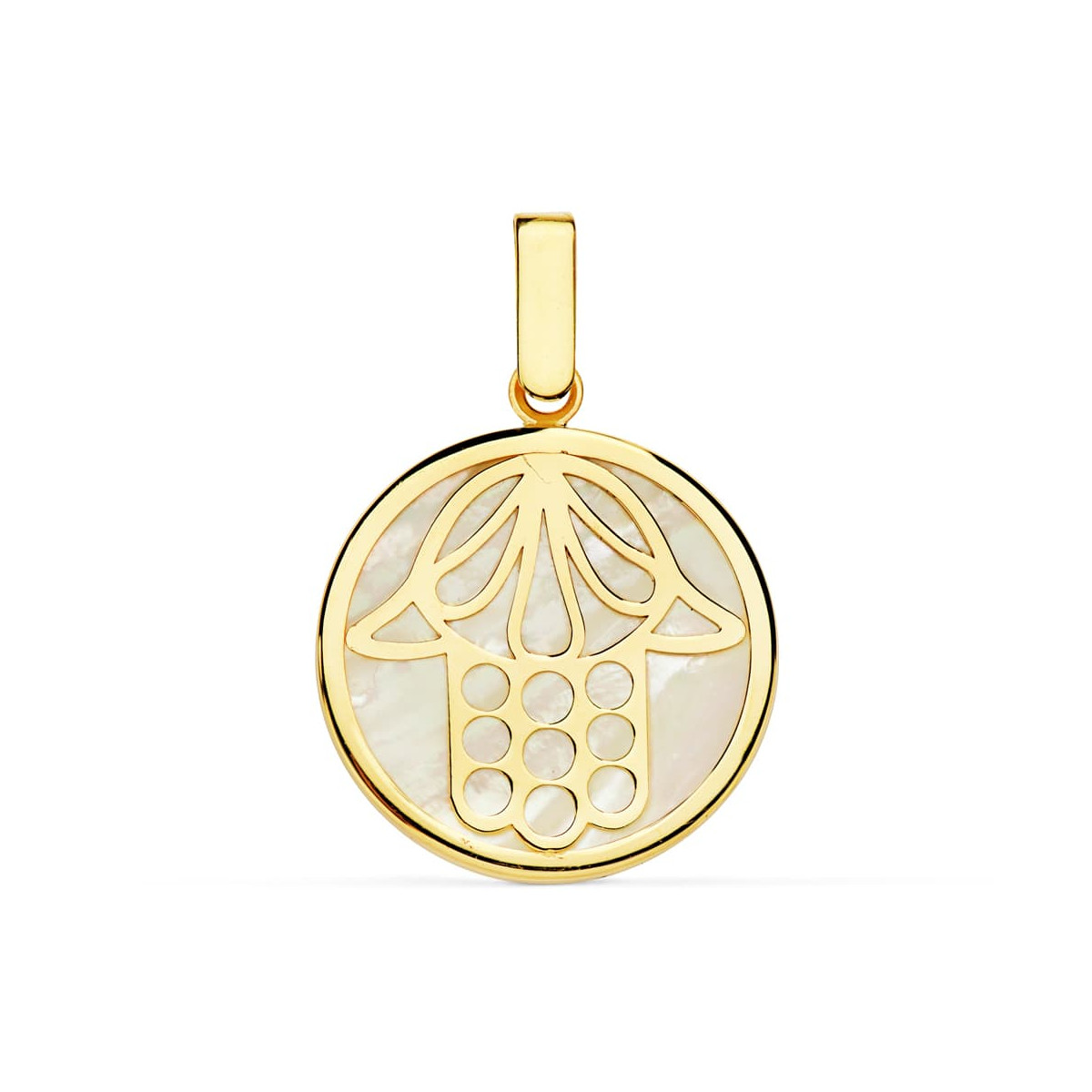 18K COLGANTE AMULETO ORO AMARILLO NACAR MANO DE FATIMA 18 MM