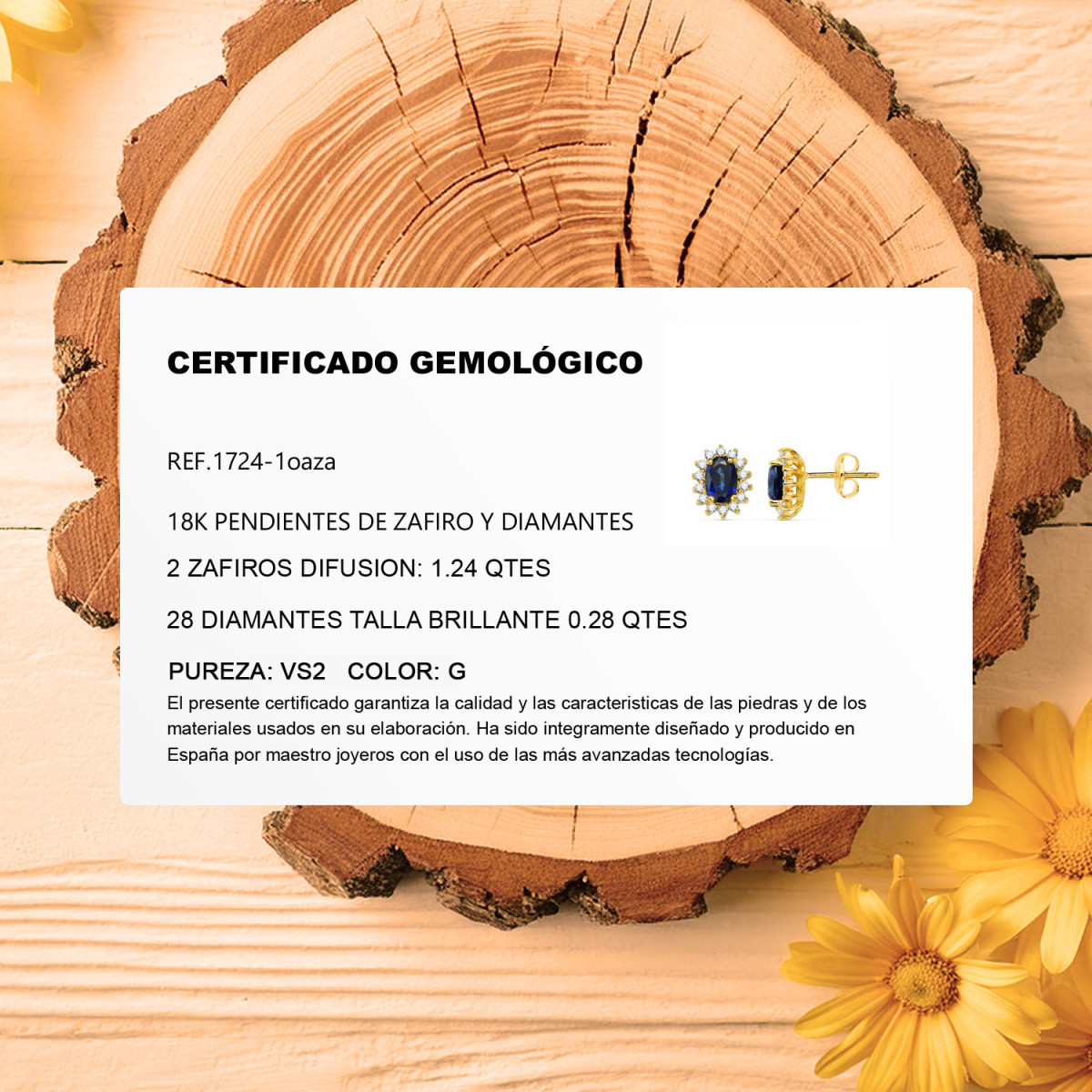18K PENDIENTES ORO AMARILLO ZAFIRO DIFUSION 6X4 MM 1,24 QT Y 28 DIAMANTES LABORATORIO 0,280QT VS2-G. 9,5X8 MM CIERRE PRESION