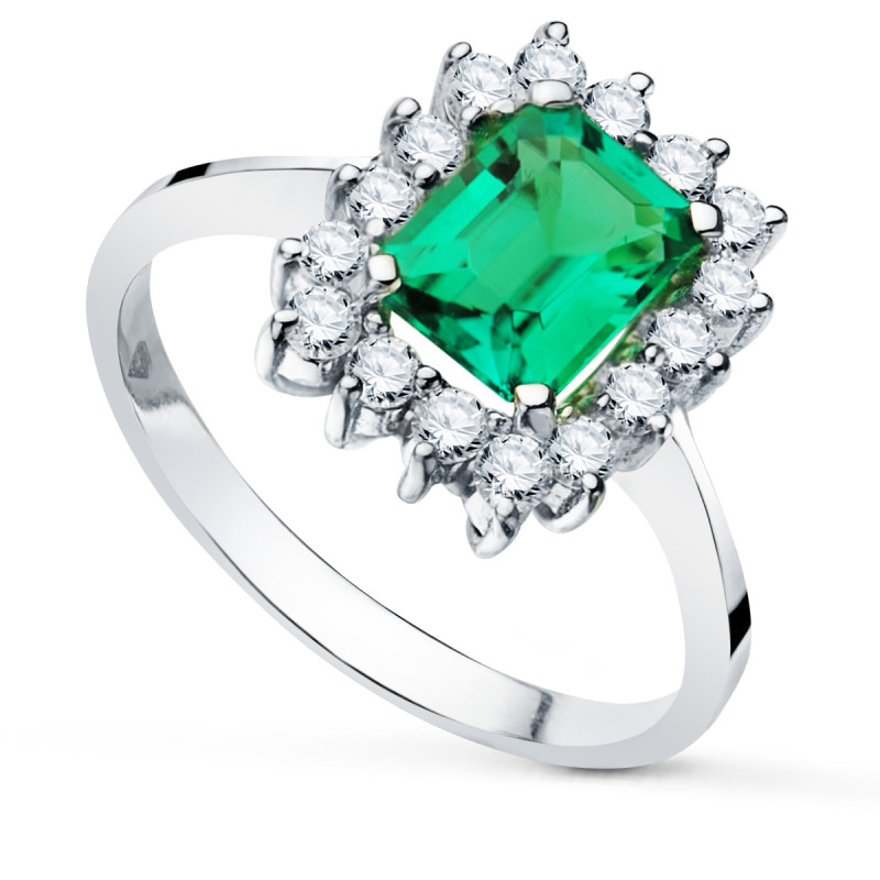 18K SORTIJA ORO BLANCO ESMERALDA RECRISTALIZADA  8X6 MM 1,50QT DIAMANTES LABORATORIO VS2-G 0,56QT 13X11 MM