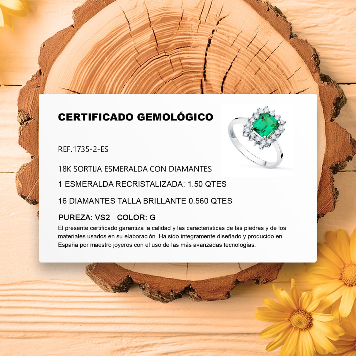 18K SORTIJA ORO BLANCO ESMERALDA RECRISTALIZADA  8X6 MM 1,50QT DIAMANTES LABORATORIO VS2-G 0,56QT 13X11 MM