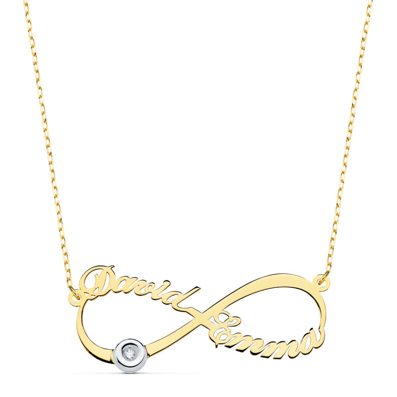 18K GARGANTILLA ORO BICOLOR INFINITO PERSONALIZADO 2 NOMBRES 35 MM DIAMANTE CADENA 44 2 CM