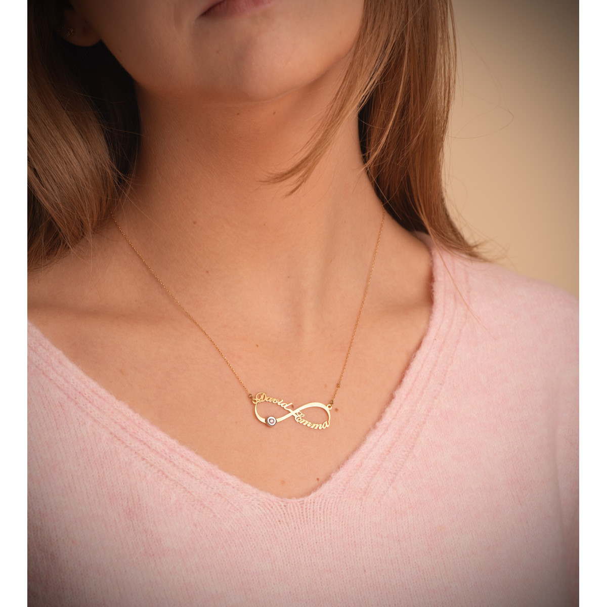 18K GARGANTILLA ORO BICOLOR INFINITO PERSONALIZADO 2 NOMBRES 35 MM DIAMANTE CADENA 44 2 CM