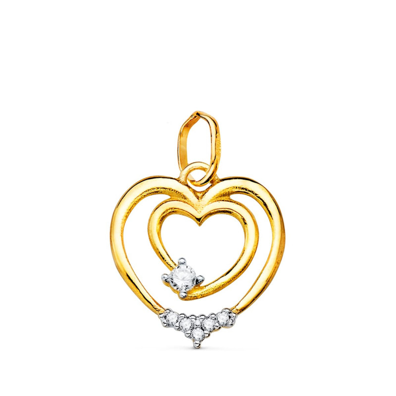 18K COLGANTE ORO BICOLOR DOBLE CORAZON CON CIRCONITA 15X14 MM