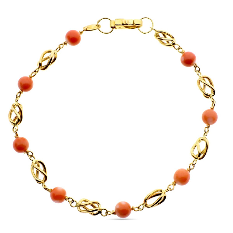 18K PULSERA ORO AMARILLO CON JAULAS Y CORAL FINO JAPONES 5 MM 18.5 CM