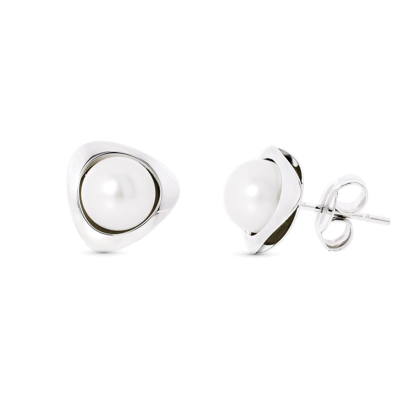 18K PENDIENTES ORO BLANCO PERLA TRIANGULO 9X9 MM CIERRE PRESION