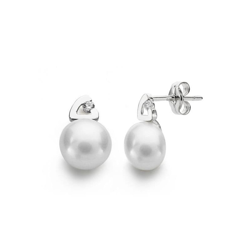 18K PENDIENTES ORO BLANCO PERLA 12X7 MM CIERRE PRESION