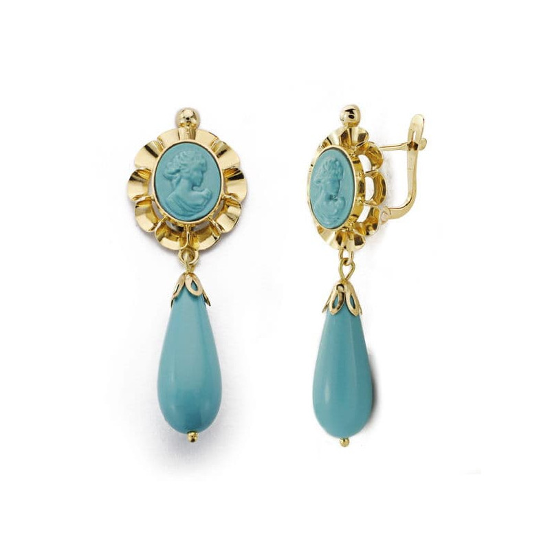 18K PENDIENTES CUBANAS CAMAFEO TURQUESA ORO AMARILLO  43X14 MM CIERRE CATALAN