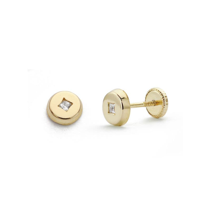 18K PENDIENTES ORO AMARILLO CHATON TUERCA REDONDO CIRCONITA 5 MM