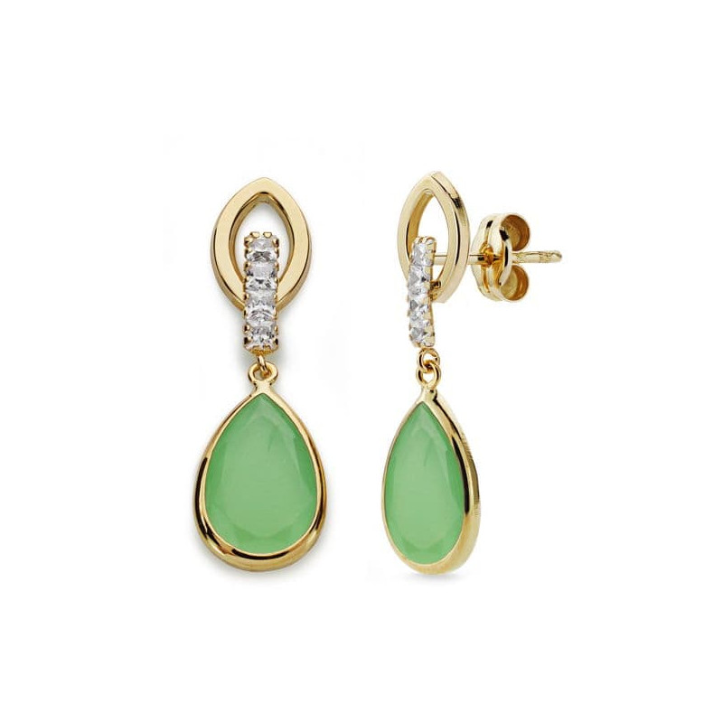 18K PENDIENTES PIEDRA COLOR VERDE Y CIRCONITA 28X9 MM CIERRE PRESION