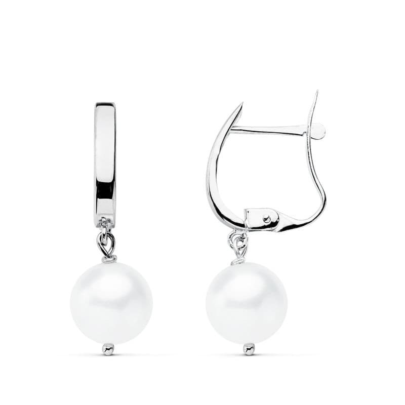 18K PENDIENTES ORO BLANCO PERLA 25X7.5 MM CIERRE CATALAN