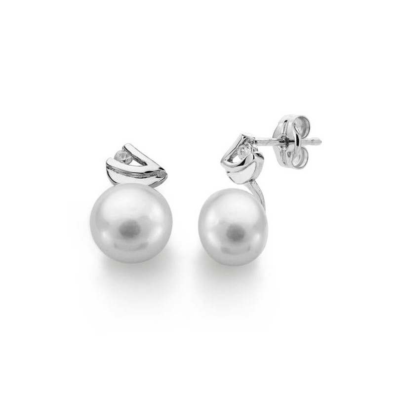 18K PENDIENTES ORO BLANCO PERLA CIRCONITA 11X7 MM CIERRE PRESION