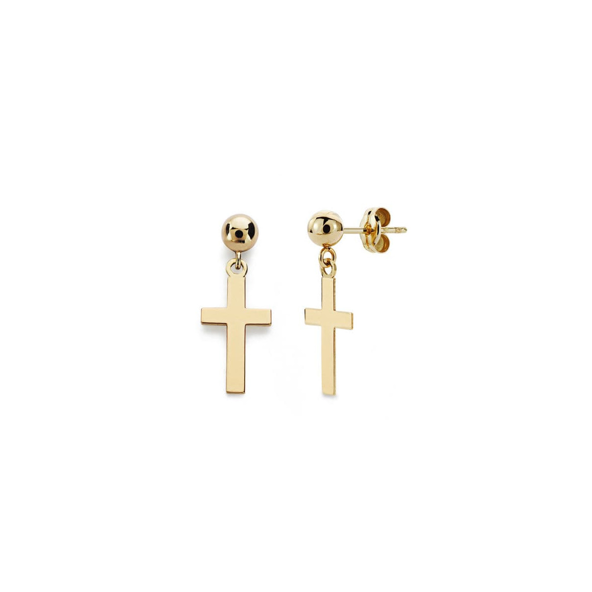 18K PENDIENTES CRUZ LISA Y BOLA ORO AMARILLO 12X7 MM CIERRE PRESION