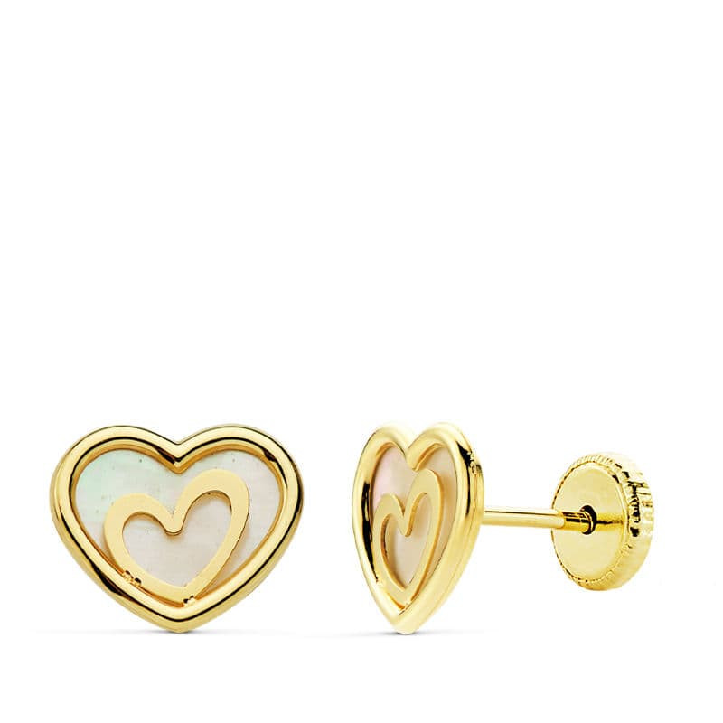 18K PENDIENTES ORO AMARILLO CORAZON NACAR 9X7 MM CIERRE TUERCA