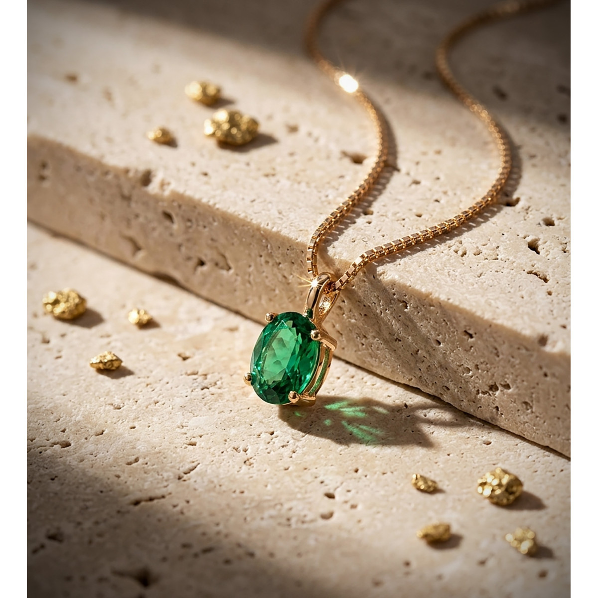 18K COLGANTE CON CADENA ORO AMARILLO ESMERALDA RECRISTALIZADA 7X5 MM 0,79 QT. CADENA 42-3 CM