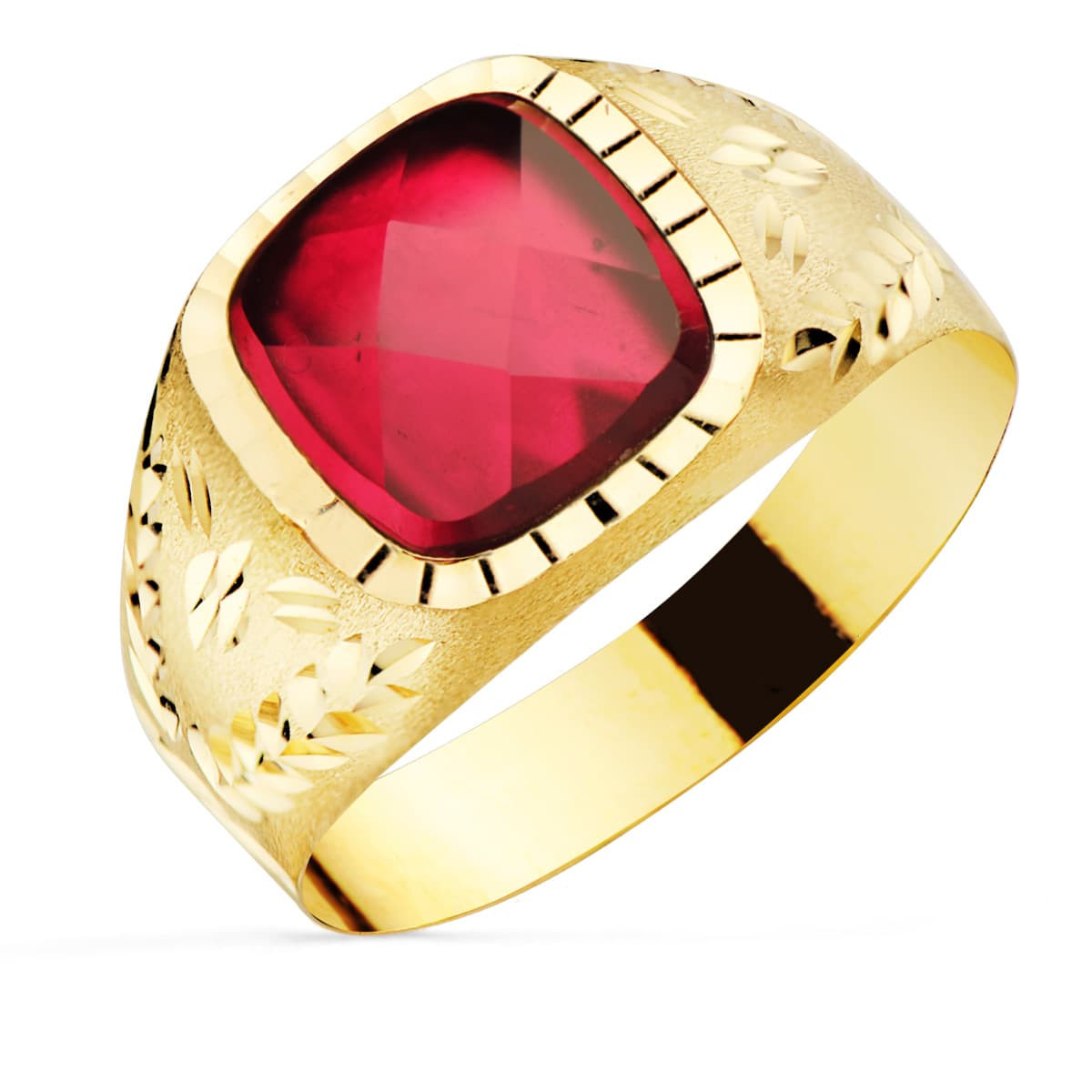 18K SELLO ORO AMARILLO CON PIEDRA RUBI SPINEL 9X9 MM LATERAL TALLADO