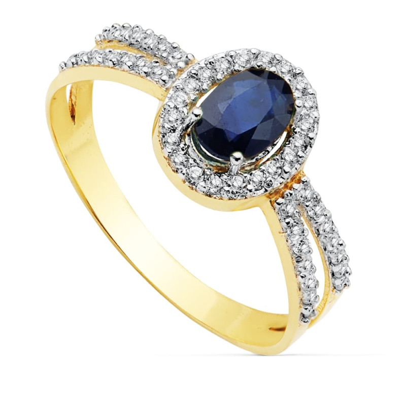 18K SORTIJA ORO BICOLOR CON CIRCONITA Y ZAFIRO OVAL 6X4 MM