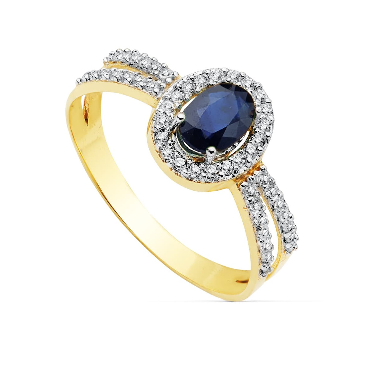 18K SORTIJA ORO BICOLOR CON CIRCONITA Y ZAFIRO OVAL 6X4 MM