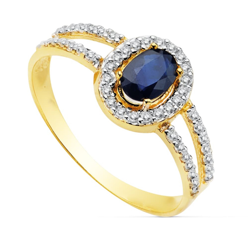 18K SORTIJA ORO BICOLOR CON CIRCONITA Y ZAFIRO DE 6X4 MM