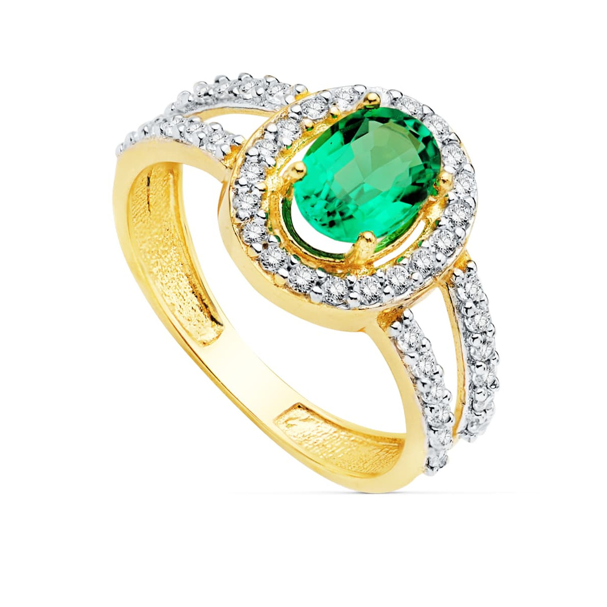 18K SORTIJA ORO BICOLOR CON CIRCONITA Y ESMERALDA 0.79 QTES DE 7X5 MM