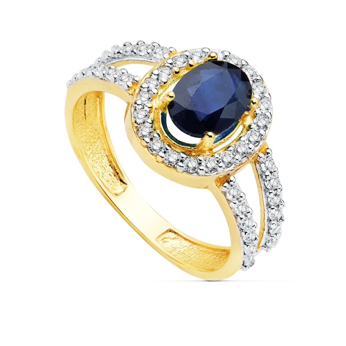 18K SORTIJA ORO BICOLOR CON CIRCONITA Y ZAFIRO DE 6X5 MM