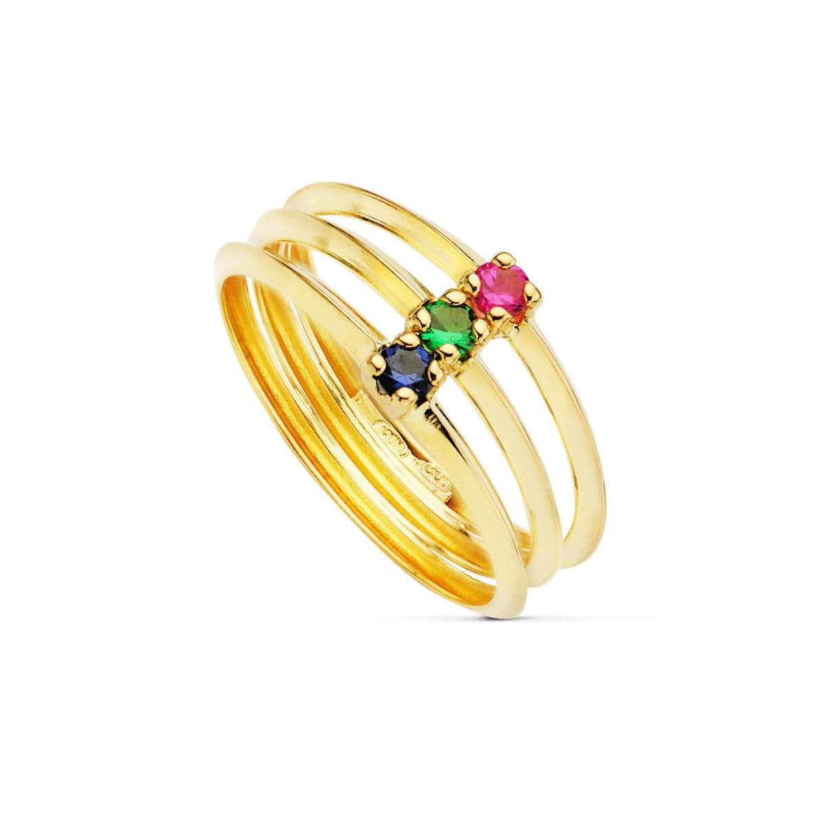 18K SORTIJA ORO AMARILLO TRIPLE CUERPO CON CIRCONITA DE COLORES